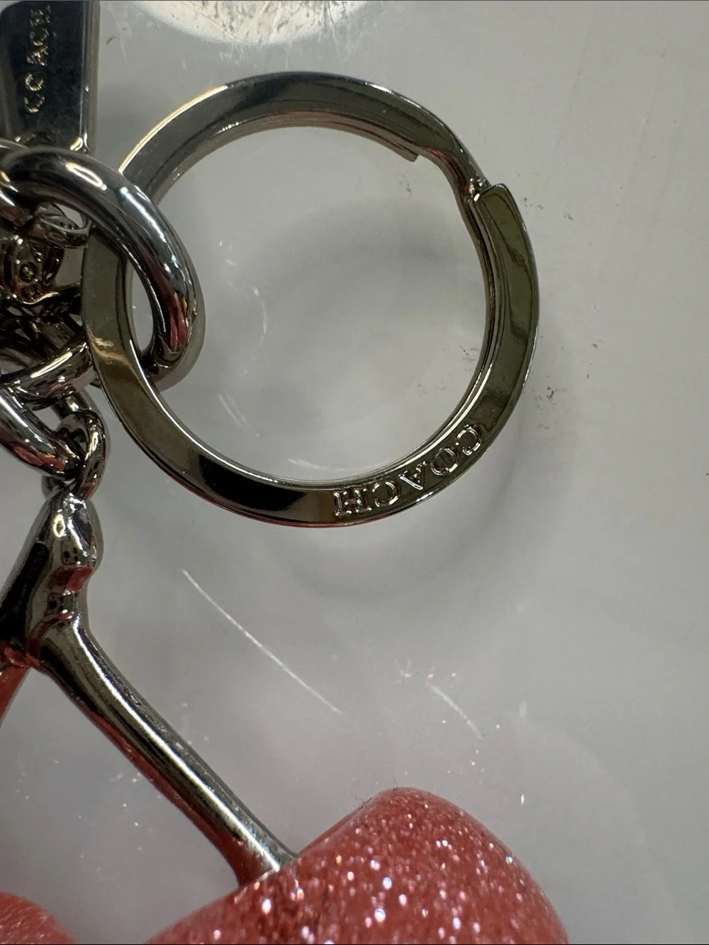 Coach Pink Glitter Cherry Keyring Charm with Silver Hardware